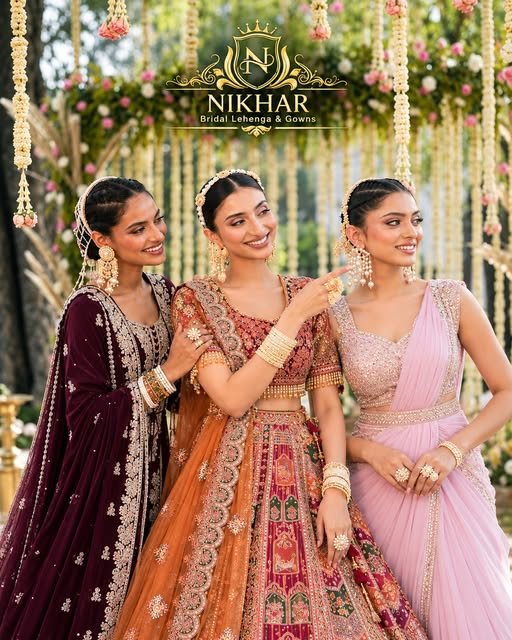 Three brides in wine velvet, rust and lilac lehengas