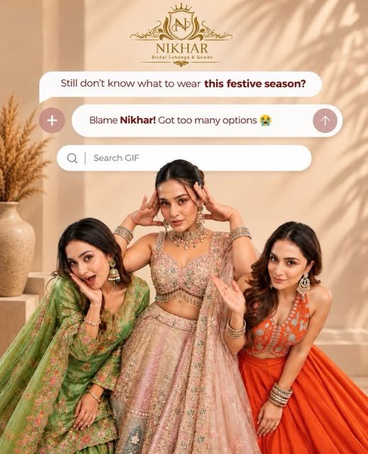 Three bridesmaids in green, blush and orange lehengas