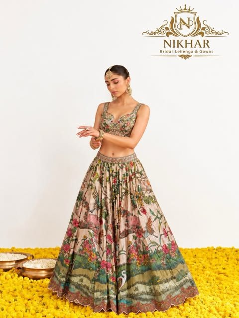 Ivory printed lehenga on a marigold set