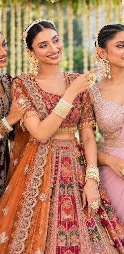 Bride in a rust-orange embroidered lehenga with scalloped dupatta