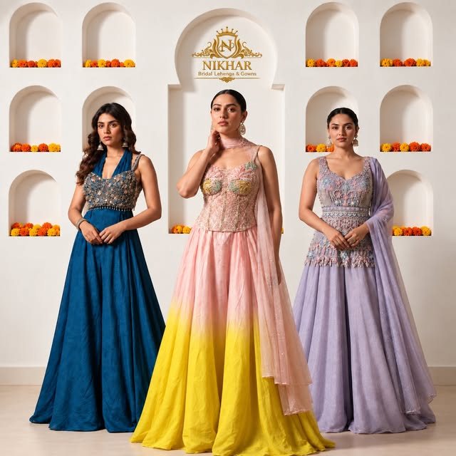 Teal, ombre and lilac indo-western gowns