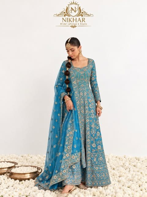 Teal embroidered anarkali with organza dupatta